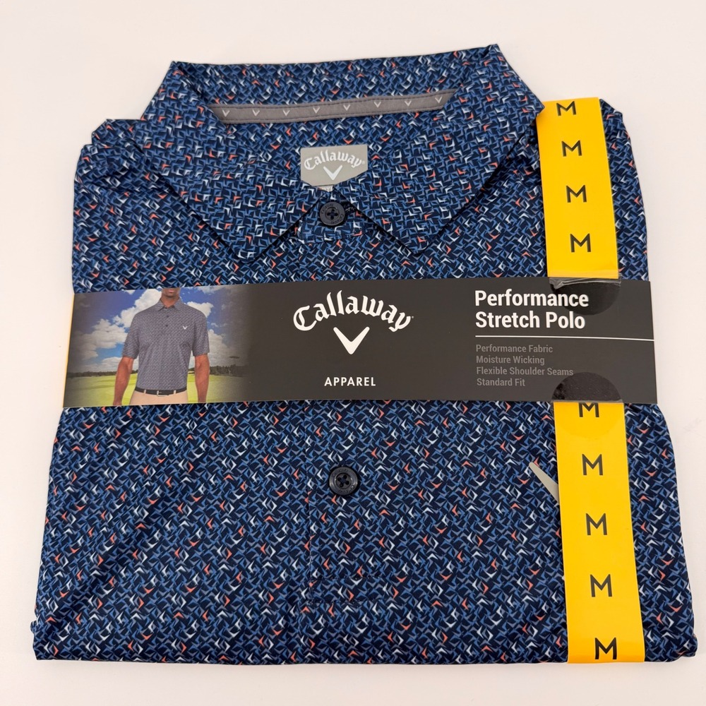Callaway Polo Shirt Mens Medium Blue Performance Stretch Geometric CGKSG0U1